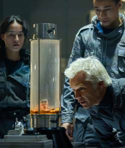 Curly, Isaac, and Kirsh examine the eyeball alien t. ocellus in its containment habitat.